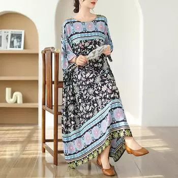 DIMANAF, женское длинное платье больших размеров, новинка 2024 года, летний стиль, с коротким рукавом и цветочным принтом, с круглым вырезом, свободное льняное платье, новинка 1510
