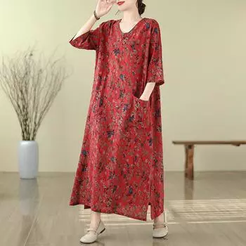 DIMANAF, женское длинное платье больших размеров, новинка 2024 года, летний стиль, с коротким рукавом и цветочным принтом, с круглым вырезом, свободное льняное платье 1319