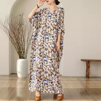 DIMANAF, женское длинное платье больших размеров, новинка 2024 года, летний стиль, с коротким рукавом и цветочным принтом, с круглым вырезом, свободное льняное платье, новинка 1326 One Size