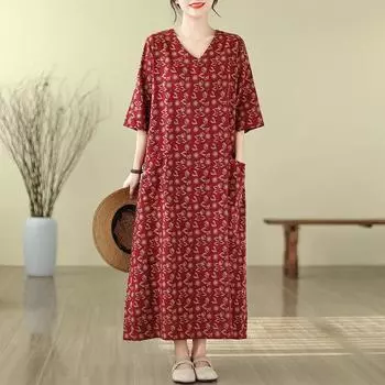 DIMANAF, женское длинное платье больших размеров, новинка 2024 года, летний стиль, с коротким рукавом и цветочным принтом, с круглым вырезом, свободное льняное платье, новинка 1321