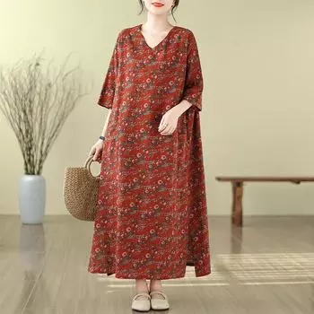 DIMANAF женское длинное платье больших размеров, новинка 2024 года, летний стиль, с коротким рукавом и цветочным принтом, с круглым вырезом, свободное льняное платье, новинка 1320