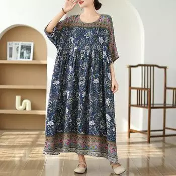 DIMANAF, женское длинное платье больших размеров, новинка 2024 года, летний стиль, с коротким рукавом и цветочным принтом, с круглым вырезом, свободное льняное платье, новинка 1509