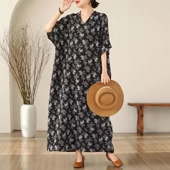 DIMANAF Женское длинное платье больших размеров 2024, новое летнее стильное льняное свободное платье с короткими рукавами и круглым вырезом, новинка 1327