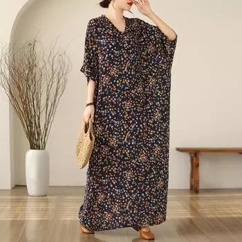 DIMANAF, женское длинное платье больших размеров, новинка 2024 года, летний стиль, с коротким рукавом и цветочным принтом, с круглым вырезом, свободное льняное платье, новинка 1328