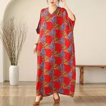 DIMANAF, женское длинное платье больших размеров, новинка 2024 года, летний стиль, с коротким рукавом и цветочным принтом, с круглым вырезом, свободное льняное платье, новинка 1329