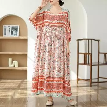 DIMANAF, женское длинное платье больших размеров, новинка 2024 года, летний стиль, с коротким рукавом и цветочным принтом, с круглым вырезом, свободная новинка, новинка