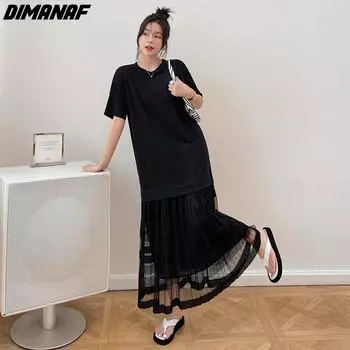 DIMANAF женское длинное платье летнее плюс размер модное сетчатое черное свободное повседневное оверсайз L чёрный