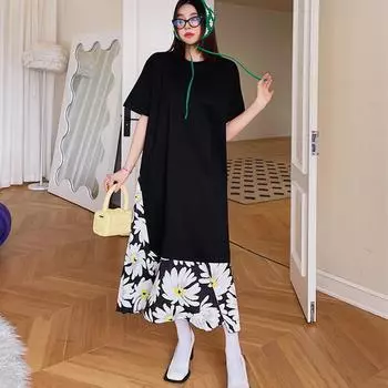 DIMANAF Женское длинное платье Лето Плюс Размер Модное Цветочное Черное Свободное Повседневное Oversize