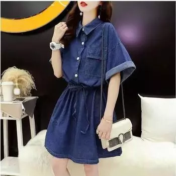 DIMANAF Женское джинсовое платье больших размеров, новое летнее джинсовое платье 2024, элегантное длинное платье, свободное платье, базовые синие однотонные платья