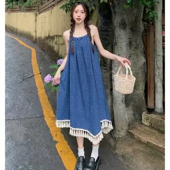 DIMANAF женское джинсовое платье больших размеров, новое летнее джинсовое платье 2024, элегантное длинное платье, свободное платье, базовые однотонные платья с кисточками