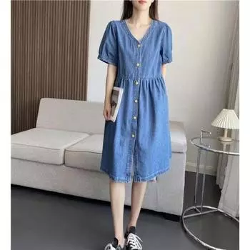 DIMANAF женское джинсовое платье больших размеров, новое летнее джинсовое платье 2024, элегантное платье свободного кроя, базовые однотонные платья с разрезом