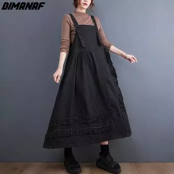 DIMANAF женское джинсовое платье, летнее платье больших размеров без рукавов, пляжное кружевное платье на бретелях, модное свободное повседневное длинное платье большого размера