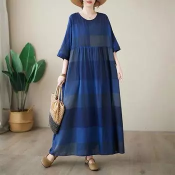 Dimanaf Женское хлопковое длинное базовое синее клетчатое платье больших размеров размера плюс, новинка 2024 года 2024, повседневное богемное платье с короткими рукавами