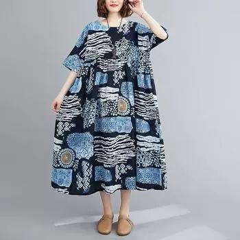 DIMANAF Женское льняное платье больших размеров, новинка 2024 года, летнее длинное базовое повседневное платье большого размера с коротким рукавом и винтажным принтом из хлопка и льна