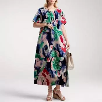 DIMANAF Женское льняное платье больших размеров, новое летнее платье-рубашка 2024 года с цветочным принтом, элегантное свободное длинное платье, базовые платья