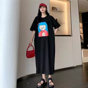 Dimanaf Женское летнее длинное платье с коротким рукавом и разрезом на большом кармане L чёрный