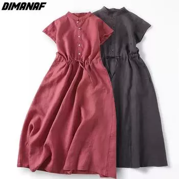 DIMANAF женское летнее льняное платье, базовое платье с однотонным поясом, свободная одежда больших размеров, повседневное платье-рубашка