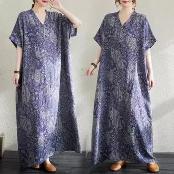 Dimanaf Женское летнее платье 2025 года, свободного покроя, свободного покроя, базового, винтажного, длинного, макси, с V-образным вырезом, новое белье One Size синий