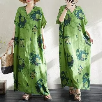 Dimanaf Женское летнее платье 2025 года, свободного покроя, свободного покроя, базовое, винтажное, длинное, макси, с цветочным принтом, новое белье One Size зелёный