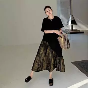 Dimanaf Женское летнее платье 2025 года больших размеров, платье-рубашка, базовое длинное, с коротким рукавом, свободное, сшитое платье L чёрный