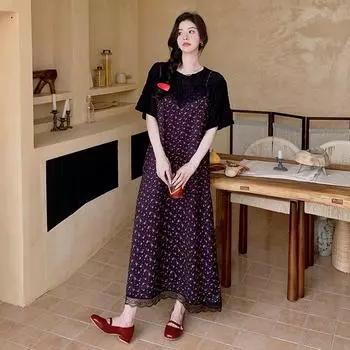 Dimanaf Женское летнее платье 2025 года, повседневное, базовое, плиссированное, с коротким рукавом, свободного покроя, в горошек, длинное, свободного покроя платье L чёрный