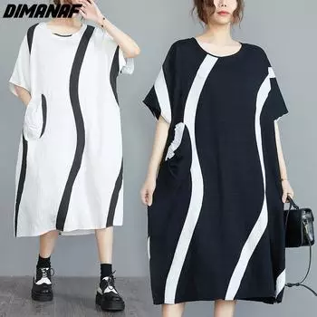 DIMANAF Женское летнее платье больших размеров 2024 с круглым вырезом в полоску и принтом, свободное платье, хлопковые базовые новые длинные платья