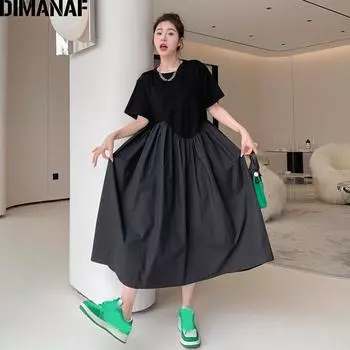 DIMANAF женское летнее платье больших размеров, черное модное женское длинное платье, свободная одежда больших размеров, повседневное хлопковое плиссированное платье L чёрный