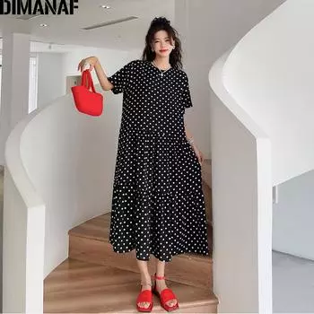 DIMANAF женское летнее платье больших размеров в черный горошек модное элегантное женское длинное платье большого размера свободное плиссированное трапециевидной формы