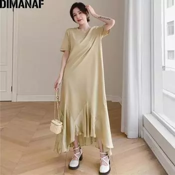 DIMANAF женское летнее платье модное женское длинное платье оверсайз свободная одежда повседневная хлопковая плиссированная русалка трапециевидной формы