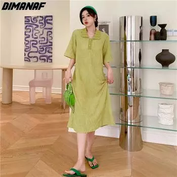 DIMANAF женское летнее платье модное женское платье оверсайз свободная одежда повседневное хлопковое вязаное платье-рубашка зеленые складки
