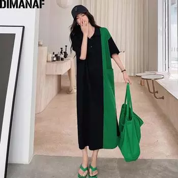 DIMANAF женское летнее платье модное женское длинное платье макси черное платье-рубашка хлопок оверсайз свободная повседневная одежда L чёрный