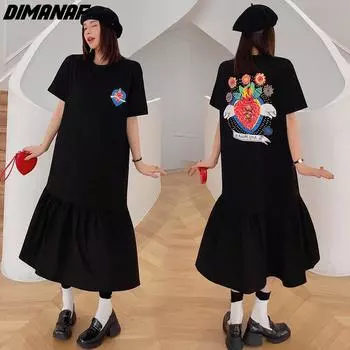 DIMANAF женское летнее платье-рубашка больших размеров, хлопковое платье, повседневное свободное платье с круглым вырезом и цветочным принтом, длинное платье с короткими рукавами, новинка 2024 года