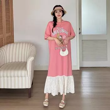 Dimanaf Женское летнее платье-рубашка больших размеров с коротким рукавом, свободного покроя, 2025 года, длинное свободное платье-рубашка, новое плиссированное L розовый
