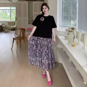 DIMANAF Женское лето 2025 Большой размер Повседневное с коротким рукавом Новое Оверсайз Плиссированное Кружевное С цветочным принтом Длинное Платье-рубашка Свободное Платье L чёрный