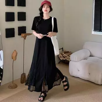 Dimanaf Женское летнее платье-рубашка больших размеров с коротким рукавом, свободного покроя, свободного покроя, 2025 года, кружевное свободное платье, новое плиссированное L чёрный