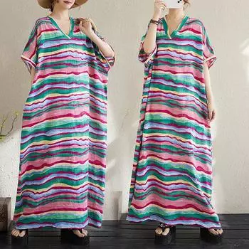 Dimanaf Женское летнее повседневное базовое платье больших размеров 2025 года, свободное винтажное длинное платье в полоску из льна в макси-стиле, новое One Size розовый