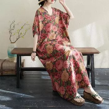 Dimanaf Женское летнее повседневное платье больших размеров 2025 года из хлопка и льна, винтажное свободное базовое длинное платье с цветочным принтом, новое One Size розовый