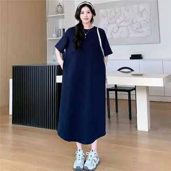 Dimanaf Женское летнее повседневное платье больших размеров 2025 года из хлопка, свободное длинное платье макси, сплошной цвет, новое L темно-синий