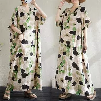 Dimanaf Женское летнее повседневное платье больших размеров 2025 года, базовое свободное винтажное длинное платье с принтом в горошек, льняное, новое One Size бежевый