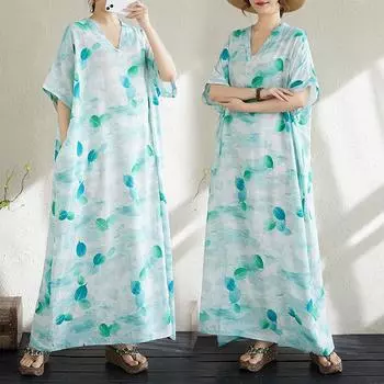 Dimanaf Женское летнее повседневное платье больших размеров 2025 года, базовое свободное винтажное длинное платье с принтом листьев, льняное, новое One Size зелёный