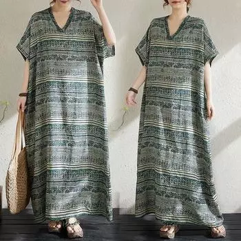 Dimanaf Женское летнее повседневное платье больших размеров 2025 года, базовое свободное винтажное длинное платье в полоску из льна, новое One Size зелёный