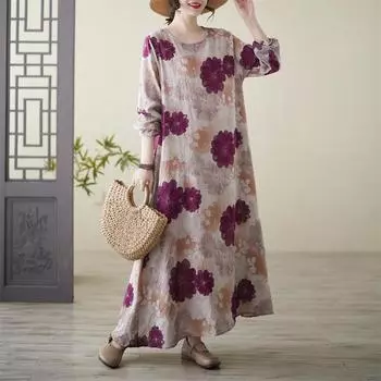 Dimanaf Женское летнее повседневное платье больших размеров 2025 года с цветочным принтом, базовое свободное винтажное длинное платье макси из льна с принтом L фиолетовый