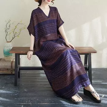 Dimanaf Женское летнее повседневное платье больших размеров 2025 года из хлопка и льна, винтажное свободное базовое длинное платье в полоску макси, новое One Size синий