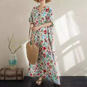 Dimanaf Женское летнее повседневное платье больших размеров 2025 года, базовое свободное винтажное длинное платье макси с цветочным принтом из льна, новое One Size белый
