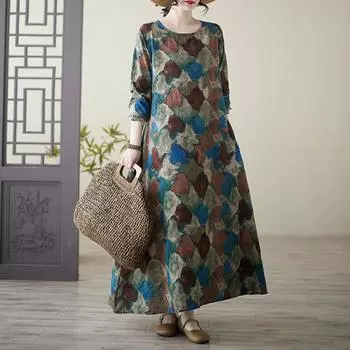 Dimanaf Женское летнее повседневное платье больших размеров 2025 года с круглым вырезом, базовое свободное винтажное длинное платье макси из льна с принтом L зелёный