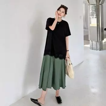 Dimanaf Женское Новое Летнее Платье 2025 Плюс Размер Повседневное Платье С Коротким Рукавом Хлопковое Базовое Свободное Длинное Платье Макси L чёрный