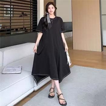 Dimanaf Женское Новое Летнее Платье 2025 Плюс Размер Повседневное Черное Хлопковое Базовое Свободное Длинное Платье Макси Сплошной L чёрный
