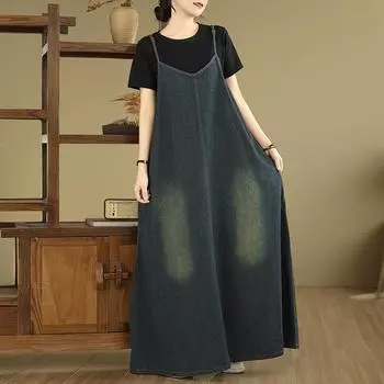 DIMANAF Женское Новое Летнее Платье Плюс Размер Джинсовое Платье Без Рукавов Свободные Синие Базовые Платья Винтаж L синий