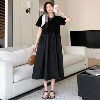 DIMANAF Женское Новое 2025 Лето Большой Размер Повседневное Платье Хлопок Базовое Свободное Длинное Платье Черное Макси Однотонное L чёрный