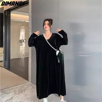 DIMANAF женское новое осеннее платье 2022 года, элегантное длинное платье, свободное платье с v-образным вырезом, черные платья